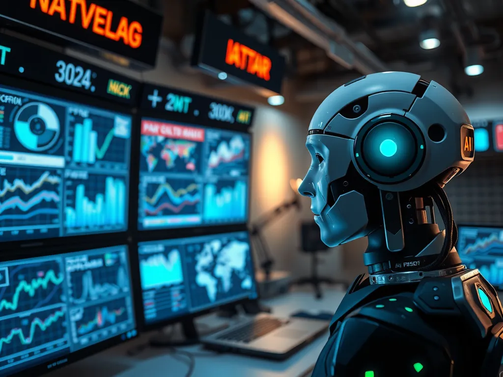 Advanced AI technology analyzing data in a conflict zone, digital screens displaying data and analysis, high-tech atmosphere