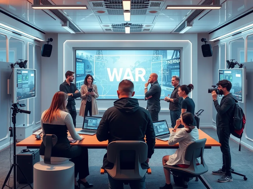 Futuristic newsroom using AI for responsible war reporting, diverse team of journalists, advanced technology, ethical reporting focus, modern setting