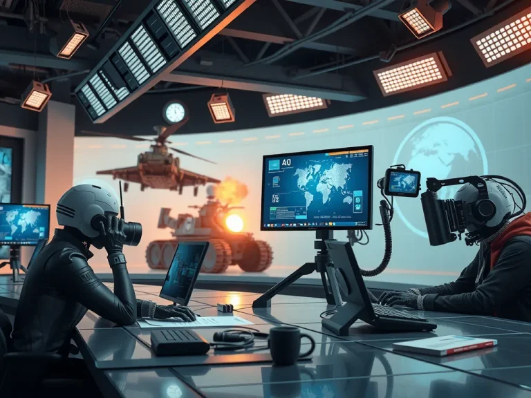 Futuristic newsroom with AI technology integrated into journalism, war-zone background, detailed, photorealistic, high tech aesthetics
