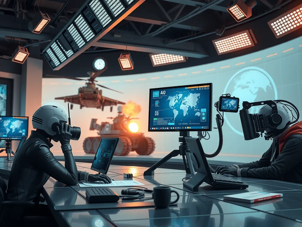 Futuristic newsroom with AI technology integrated into journalism, war-zone background, detailed, photorealistic, high tech aesthetics