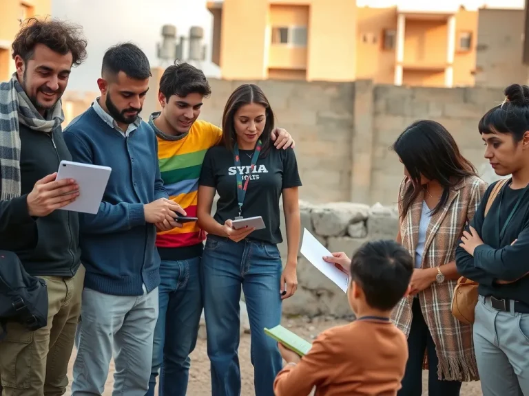 A diverse group of Syrian individuals, including journalists, entrepreneurs, and educators, collaborating and working together in a vibrant community setting, symbolizing resilience and hope, professional photography style, warm lighting, outdoor scene