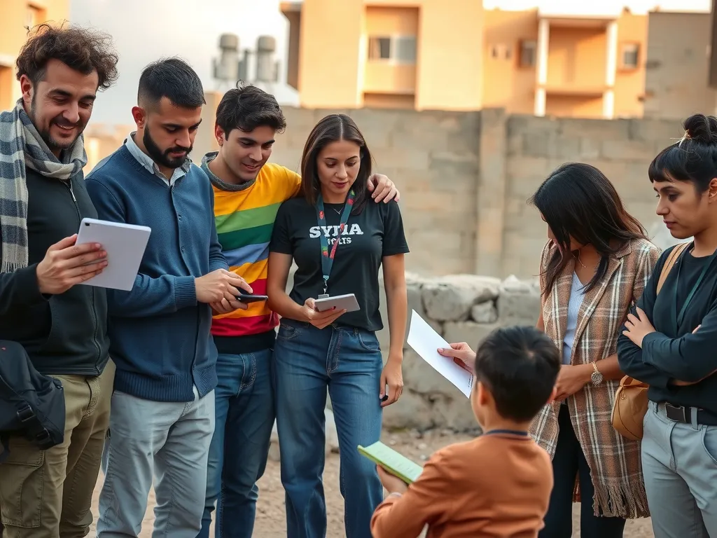 A diverse group of Syrian individuals, including journalists, entrepreneurs, and educators, collaborating and working together in a vibrant community setting, symbolizing resilience and hope, professional photography style, warm lighting, outdoor scene