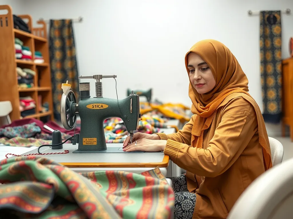 A woman skillfully using a sewing machine, surrounded by colorful fabrics and traditional Syrian patterns, in a well-lit workshop, showcasing focus and creativity