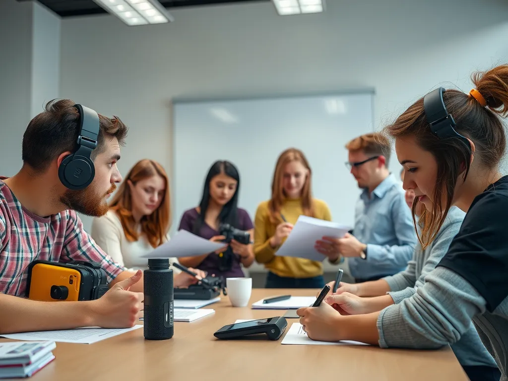 Students in a university classroom learning both theory and practical journalism skills, teamwork, diverse student group, modern digital tools