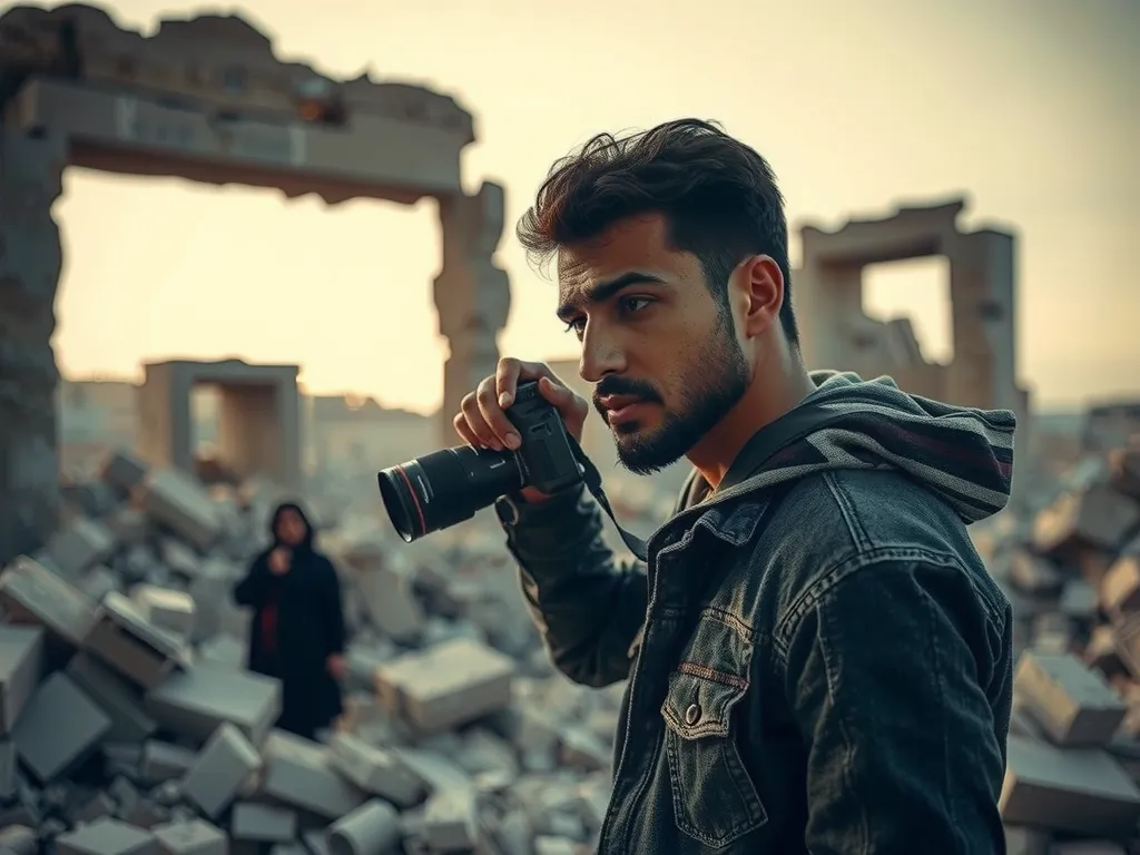 Dramatic photograph of a Syrian photographer amid ruins capturing a moment of hope, detailed and emotionally charged, in an environment of conflict, professional photography style