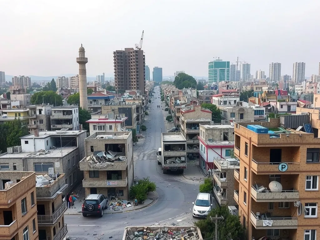 Images of post-conflict cities like Aleppo, with visible signs of war and the indomitable spirit of the Syrian people, high-resolution, capturing both destruction and recovery