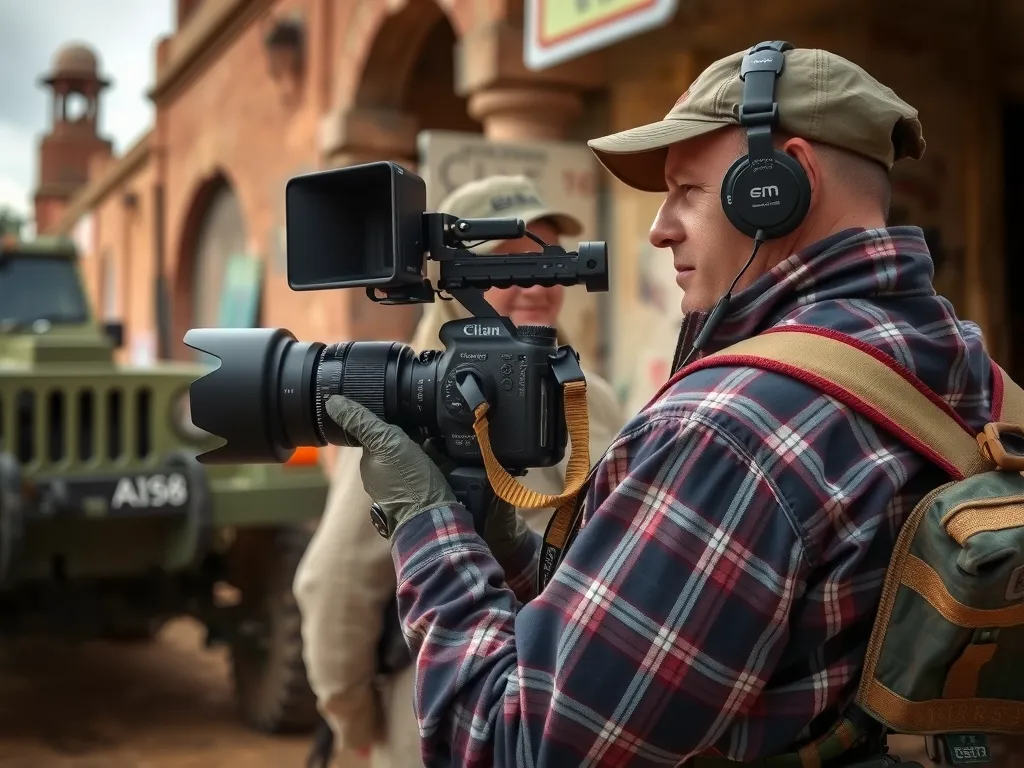 Photographer in a war zone documenting a scene, gear ready, capturing raw and genuine moments, considering safety and cultural dynamics, vivid and professional capture