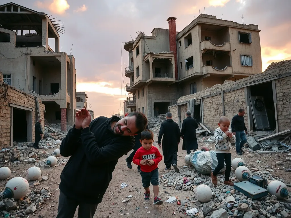 A poignant scene depicting the Syrian conflict through photography, with a backdrop of destroyed buildings, survivors showing resilience, and moments of human connection, professional high-quality capture, dramatic lighting, conveying a sense of hope and despair