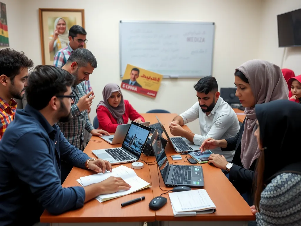 A classroom setting in Syria where a diverse group of individuals is engaged in a media literacy workshop, showing people analyzing content on laptops and discussing, photorealistic, inclusive setting