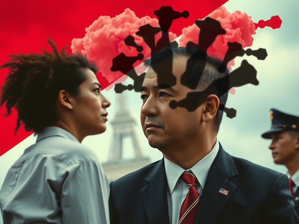 A conceptual representation of propaganda with manipulated imagery suggesting emotional appeal, using colors and shapes to depict confusion and misinformation, artistic style, high contrast