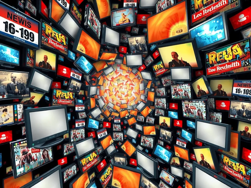 An image portraying a chaotic media environment in a conflict zone, with abstract imagery of news headlines, digital devices, and fractal symbols to represent disinformation, detailed, modern digital art