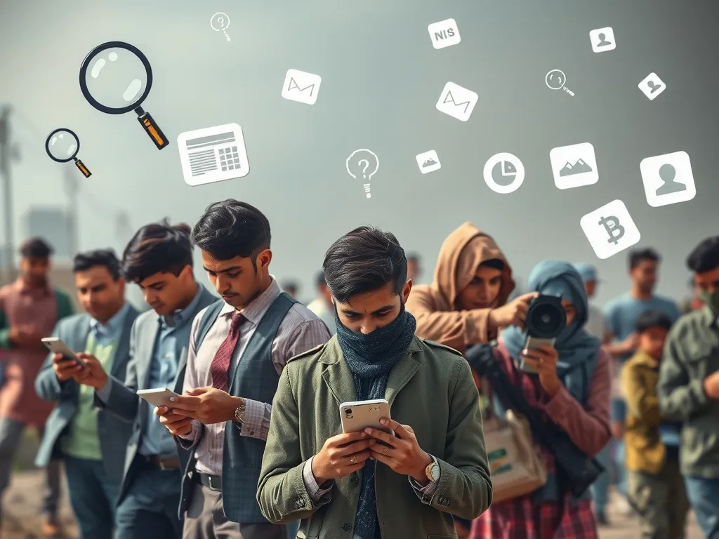 A symbolic representation of media literacy in conflict zones, illustrating people accessing multiple news sources on digital devices while analytical symbols, such as magnifying glasses and critical thinking icons, float around them, photorealistic, high quality, professional photography style